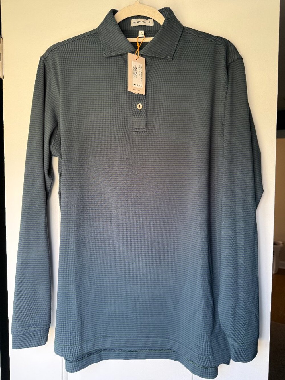 Peter Millar Lyons Performance Long Sleeve Golf Polo Shirt - Small - Navy/Green